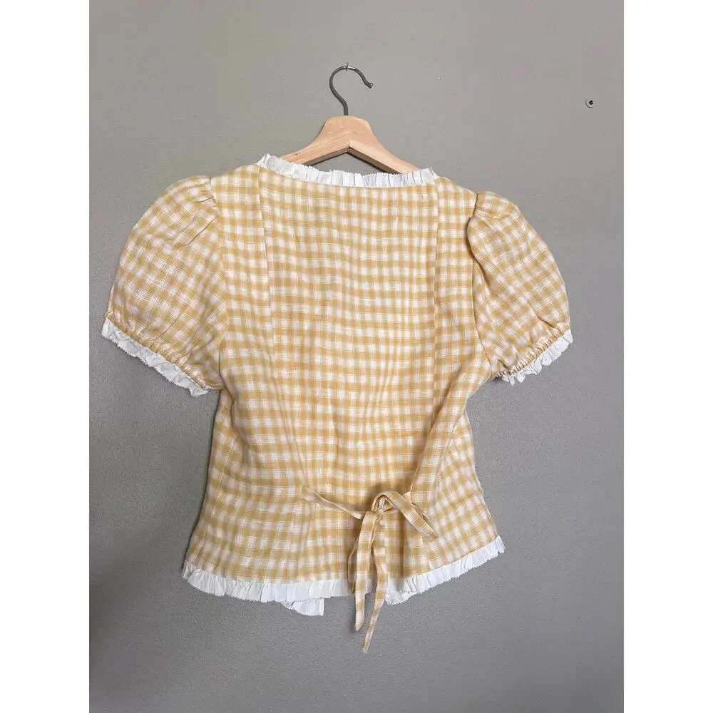 REFORMATION Rosemary Linen Top in Sunshine Check Size 6